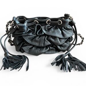 Adrienne Vittadini Donatella Ruffled Tassels Black Leather Drawstring Hobo